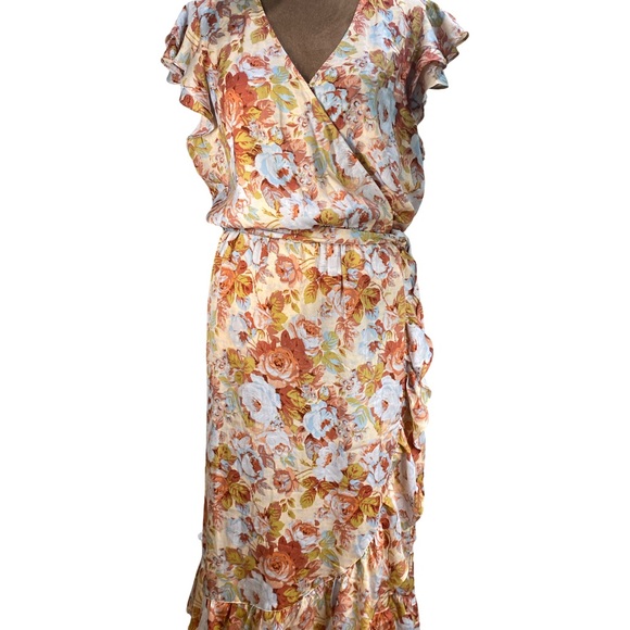 LC Lauren Conrad Blue & Peach Floral Midi Dress Size L, Ruffle Sleeve - Picture 3 of 7